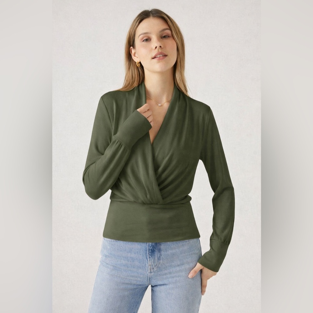 OGL Surplice Tuckable Top Eco-Mousse ProWarm Brushed Rib 2.0 Wrap Olive Green L